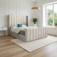 KDMD Stretton Winged Upholstered Beige Soft Velvet Designer Bed Frame in Cream | Size: Small Double