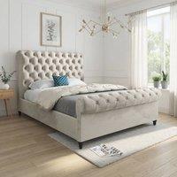 KDMD Tittleshall Sleigh Upholstered Beige Soft Velvet Designer Bed Frame in Cream | Size: Small Double