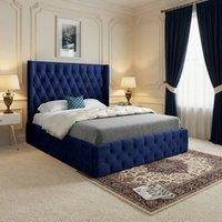 KDMD Vange Winged Upholstered Blue Soft Velvet Designer Bed Frame | Size: Double