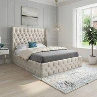 KDMD Vange Winged Upholstered Beige Soft Velvet Designer Bed Frame in Cream | Size: Double