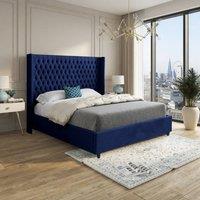 KDMD Welbury Winged Upholstered Blue Soft Velvet Designer Bed Frame | Size: King