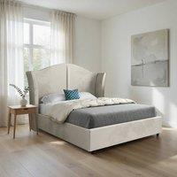 KDMD Wilsden Curved Winged Upholstered Beige Soft Velvet Designer Bed Frame in Cream | Size: Double