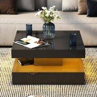KEEPREAPER Modern Square Coffee Table With Storage & LED Light in Black