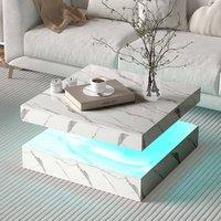 KEEPREAPER Modern Square Coffee Table with Storage & LED Light Marble Finish in White