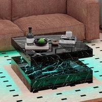KEEPREAPER Modern Square Coffee Table with Storage & LED Light Marble Finish in Black
