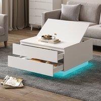 KEEPREAPER Modern Square Coffee Table with Storage & LED Light in White