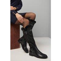 Good For the Sole Women's : Lucia Faux Leather Fur Trim Side Zip Flat Knee Boots in Black | Size: 4