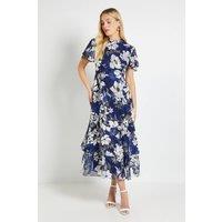 Wallis Women's Petite Floral Burn Out Ruffle Midi Dress in Navy | Size: 12