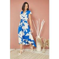 Mela Women's Blue Blossom Print Wrap Midi With Dipped Hem | Size: 12