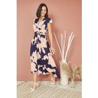 Mela Women's Blue Blossom Print Wrap Midi With Dipped Hem in Navy | Size: 8