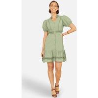 Yumi Women's Cotton Lace Trim Skater Shirt Dress in Light Green | Size: 16