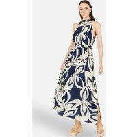 Yumi Women's Navy Geo Swirl Print Halter Maxi Dress in Mid Navy | Size: 12