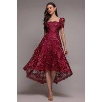 Goddiva Women's Scalloped Neck Embroidered Lace High Low Midi Dress in Burgundy | Size: 12