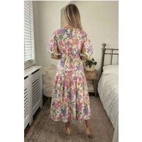 Style Cheat Women's Puff Sleeve V Neck Midi Dress in Pink | Size: 12