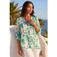 Roman Women's Floral Print V-Neck Button Front Top in Green | Size: 12