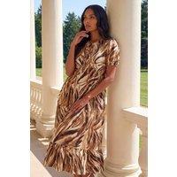 Roman Women's Abstract Print Tie Front Smock Dress in Tan | Size: 18
