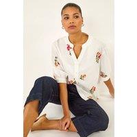 Roman Women's Floral Embroidered V-Neck Blouse in Ivory | Size: 10
