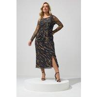 Yours Women's Zebra Mesh Side Knot Midi Dress in Dark Brown | Size: 24