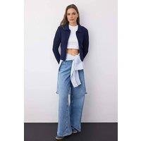 WOVCOR Women's Classic Collared Knit Cardigan with Zip Detail in Navy | Size: Small