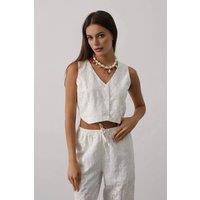 WOVCOR Women's Embroidered Button Front Cropped V Neck Woven Vest in White | Size: 8