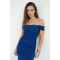WOVCOR Women's Ruched Bardot Midi Dress with Bodycon Silhouette in Cobalt | Size: 8