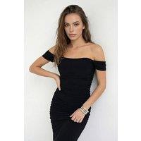 WOVCOR Women's Ruched Bardot Midi Dress with Bodycon Silhouette in Black | Size: 8