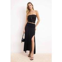 WOVCOR Women's High Split Draped Waist Maxi Skirt with Fluid Fit in Black | Size: Large