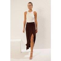 WOVCOR Women's High Split Draped Waist Maxi Skirt with Fluid Fit in Brown | Size: Medium