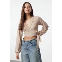 WOVCOR Women's Wrap Tie Side Long Sleeve Knitted Blouse Top in Beige | Size: Small