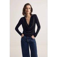 WOVCOR Women's Cowl Neck Collared Long Sleeve Draped Blouse Top in Black | Size: Small
