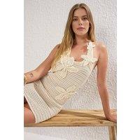 WOVCOR Women's Floral Crochet Halterneck Mini Beach Dress Cover Up in Ecru | Size: 8
