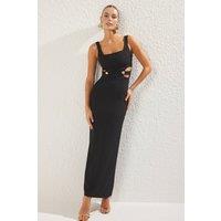 WOVCOR Women's Cut Out Hardware Detail Square Neck Maxi Dress in Black | Size: 10