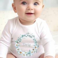 Aye Do Gifts Girl's Personalised Daisy Flowers Baby Outfit: Baby Grow in White | Size: 6-12 m