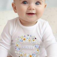 Aye Do Gifts Girl's Personalised Spring Flowers Baby Outfit: Baby Grow in White | Size: Newborn
