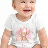 Aye Do Gifts Girl's Personalised Pink Pink Teddy & Ballons Baby Outfit: Vest in White | Size: 6-12 m