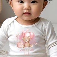 Aye Do Gifts Girl's Personalised Pink Teddy & Ballons Baby Baby Outfit: Baby Grow in White | Size: Newborn
