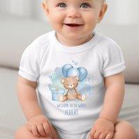 Aye Do Gifts Boy's Personalised Blue Teddy & Balloons Baby Outfit: Vest in White | Size: 0-3 m