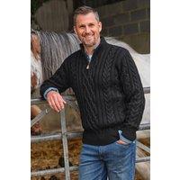 WoolOvers Men's Pure Wool Aran Cable Zip Neck in Black | Size: XL