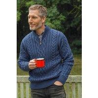 WoolOvers Men's Pure Wool Aran Cable Zip Neck in Navy | Size: Medium