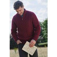 WoolOvers Men's Pure Wool Aran Cable Zip Neck in Burgundy | Size: Small