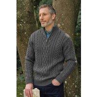 WoolOvers Men's Pure Wool Aran Cable Zip Neck in Charcoal | Size: XL