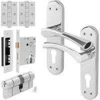 AFIT Chrome Euro Cylinder Door Handle Lock Hinges Complete Set Novi in Metallic Silver | Size: 150mm x 150mm