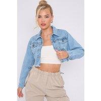 STYLEWISE Women's Distressed Raw Hem Cropped Denim Jacket with Pockets in Blue | Size: 8