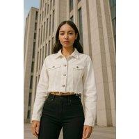STYLEWISE Women's Distressed Raw Hem Cropped Denim Jacket with Pockets in White | Size: 8