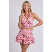 STYLEWISE Women's Polka Dot Halter Neck Crop Top & Frill Skorts Co-ord in Pink | Size: 8