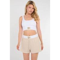 STYLEWISE Women's Ribbed Sports Bralet & Shorts Co-ord in Beige | Size: S/M