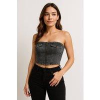 STYLEWISE Women's Bandeau Denim Crop Top - Fake Pocket Detail - Crop Top in Black | Size: Medium