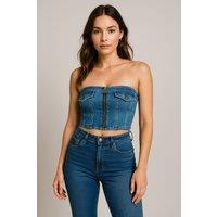 STYLEWISE Women's Bandeau Denim Crop Top - Fake Pocket Detail - Crop Top in Blue | Size: XS
