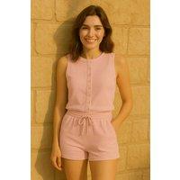 STYLEWISE Women's Ribbed Button-Through Sleeveless Top & Shorts Co-ord Set in Pink | Size: Small