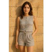 STYLEWISE Women's Ribbed Button-Through Sleeveless Top & Shorts Co-ord Set in Light Grey | Size: Small